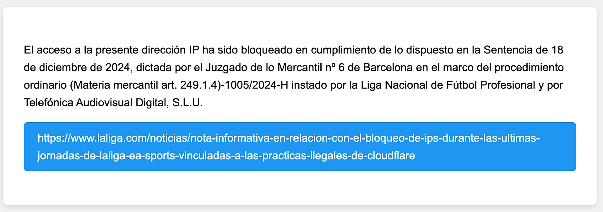 Message shown by a Spanish ISP when you try to load a website hosted on an IP address it has blocked.